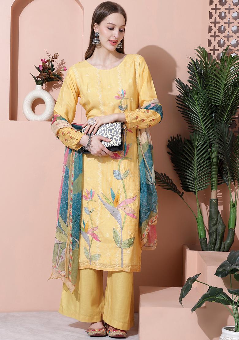 Yellow Digital Print Muslin Kurta Set