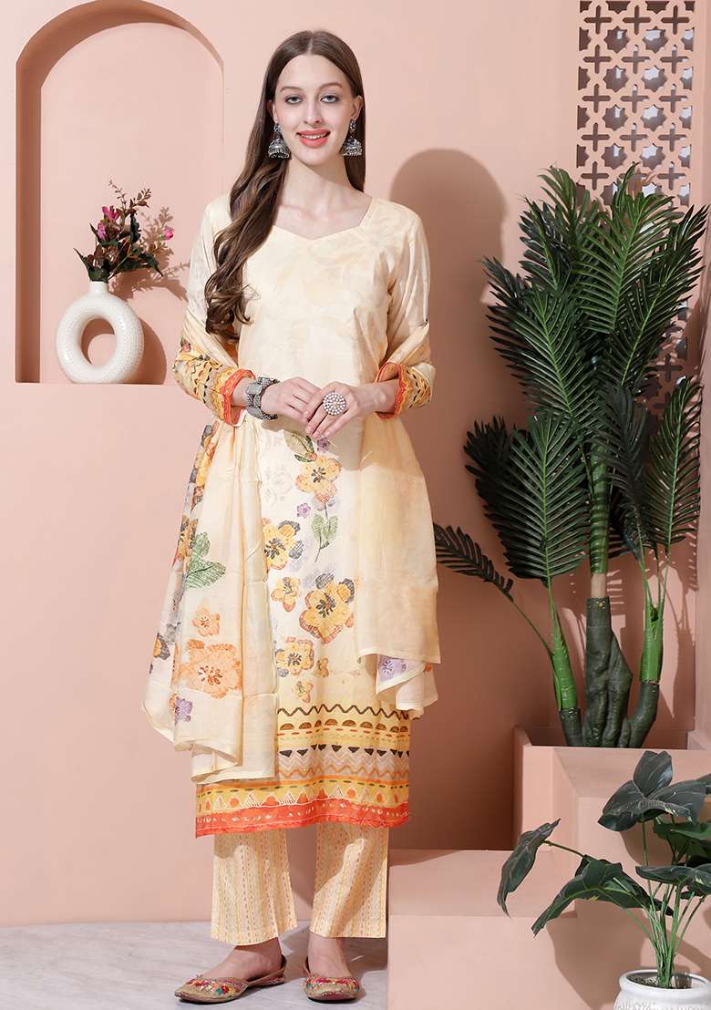 Yellow Embroidered Cotton Straight Kurta Set - Indya