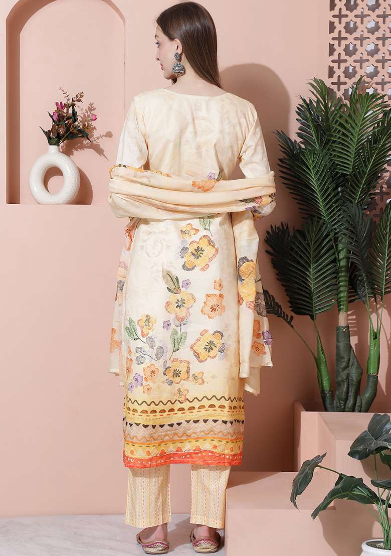 Yellow Embroidered Cotton Straight Kurta Set - Indya