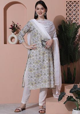 Off White Digital Print Cotton Kurta Set