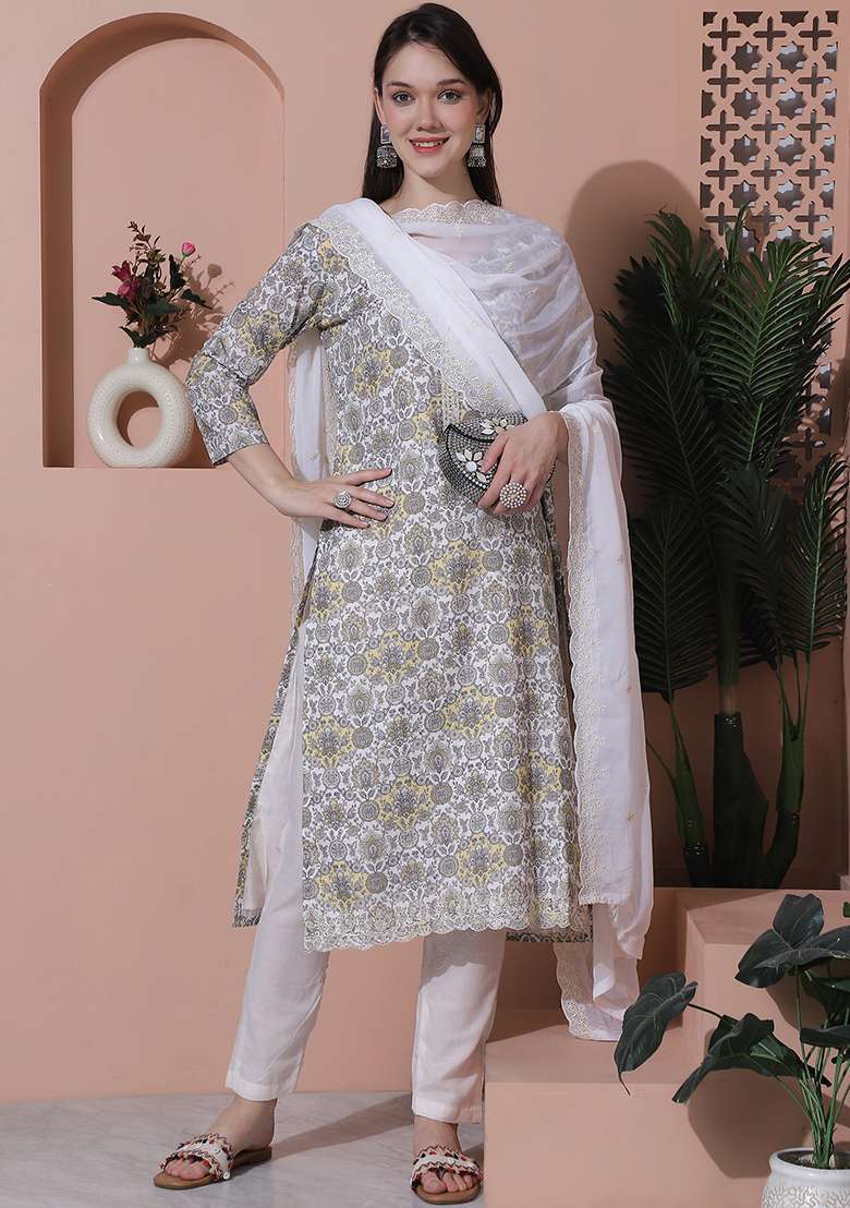 Off White Printed Cotton Straight Kurta Set - Indya