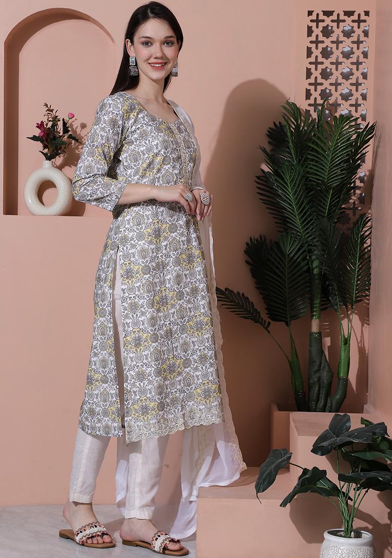 Off White Digital Print Cotton Kurta Set