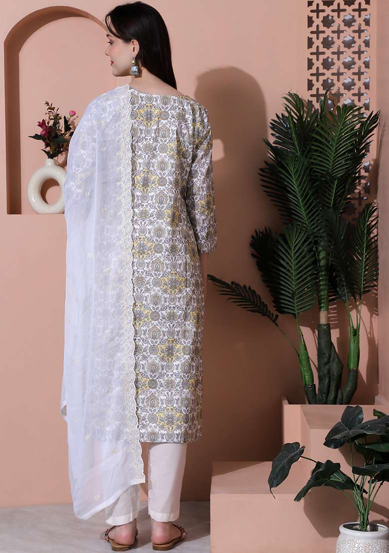 Off White Printed Cotton Straight Kurta Set - Indya