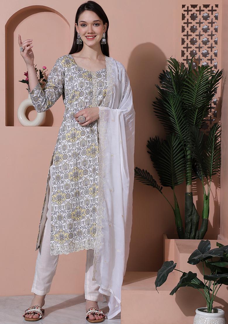 Off White Digital Print Cotton Kurta Set