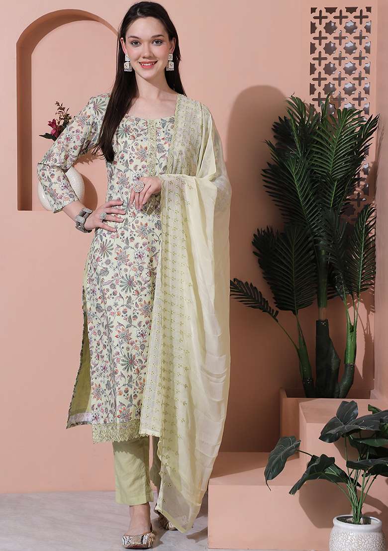 Green Floral Print Cotton Straight Kurta Set - Indya