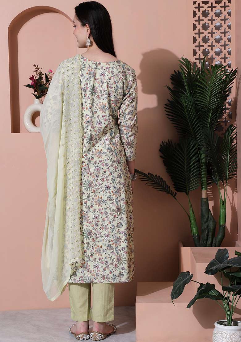 Green Floral Print Cotton Straight Kurta Set - Indya