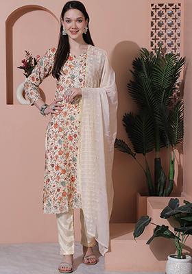 Beige Digital Print Cotton Kurta Set