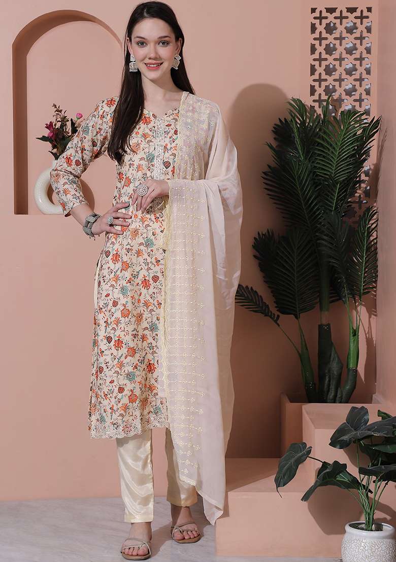 Beige Floral Print Cotton Straight Kurta Set - Indya