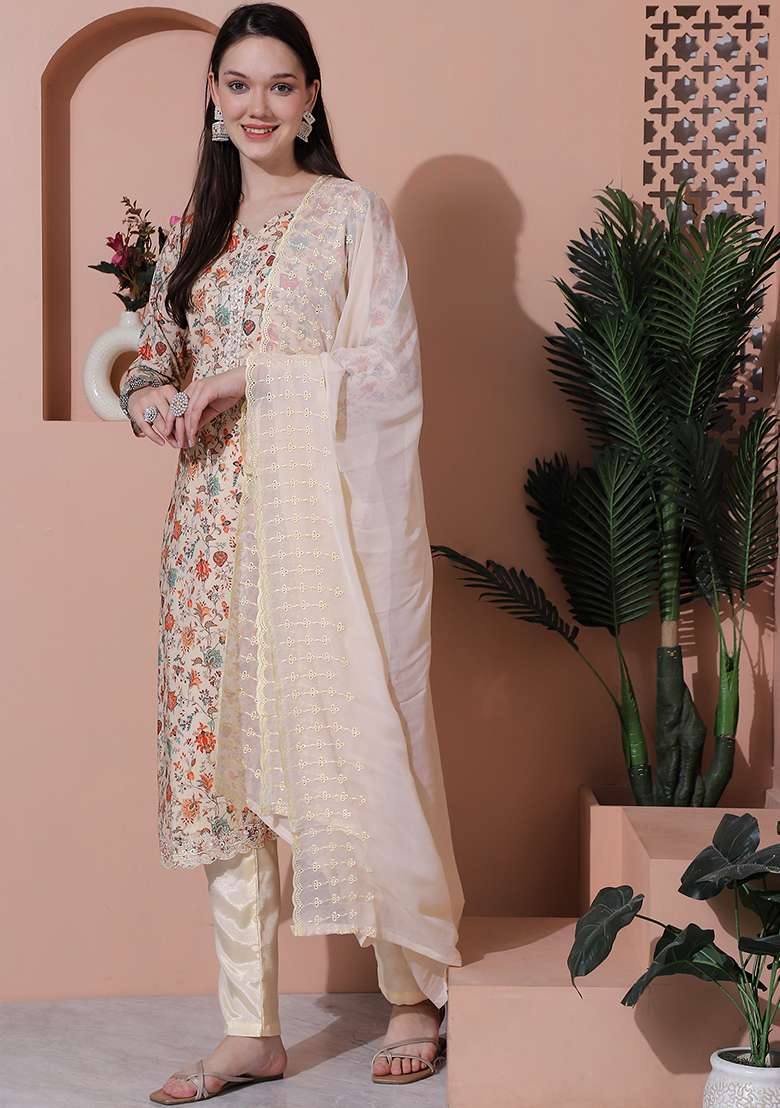 Beige Floral Print Cotton Straight Kurta Set - Indya