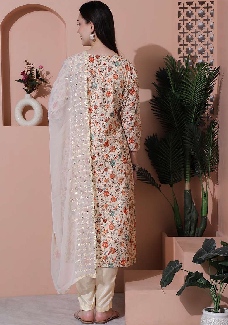 Beige Floral Print Cotton Straight Kurta Set - Indya