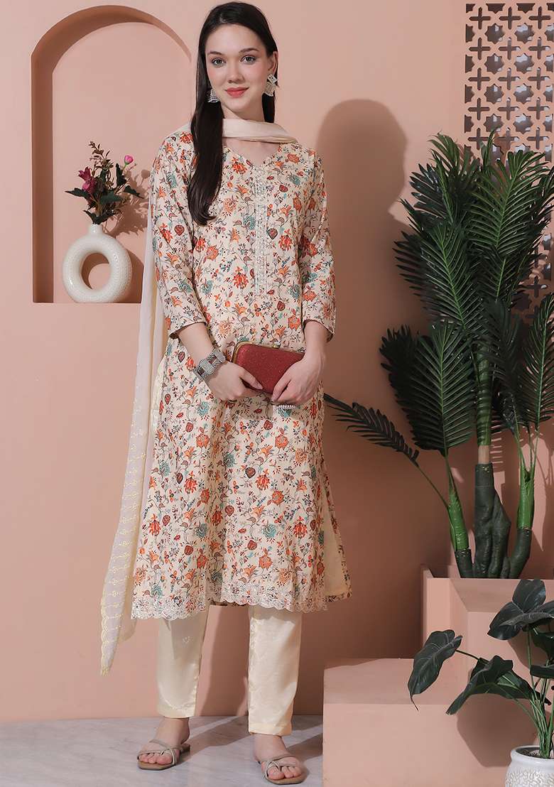 Beige Floral Print Cotton Straight Kurta Set - Indya