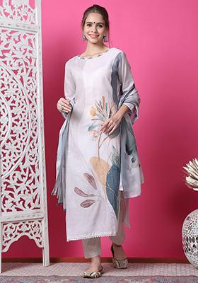 Beige Digital Print Cotton Kurta Set