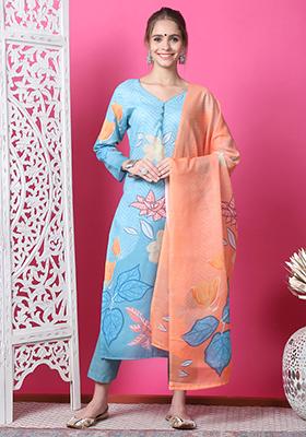 Sky Blue Digital Print Cotton Kurta Set With Dupatta