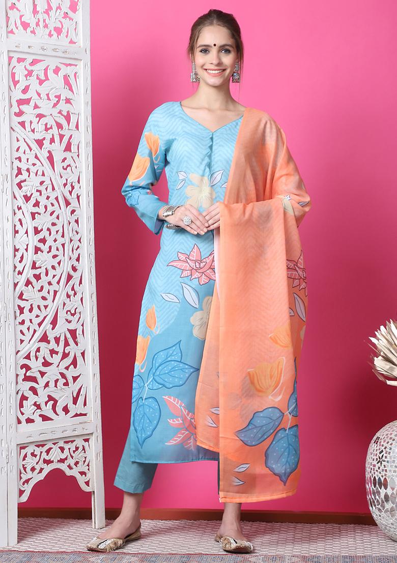 Sky Blue Digital Print Cotton Kurta Set With Dupatta