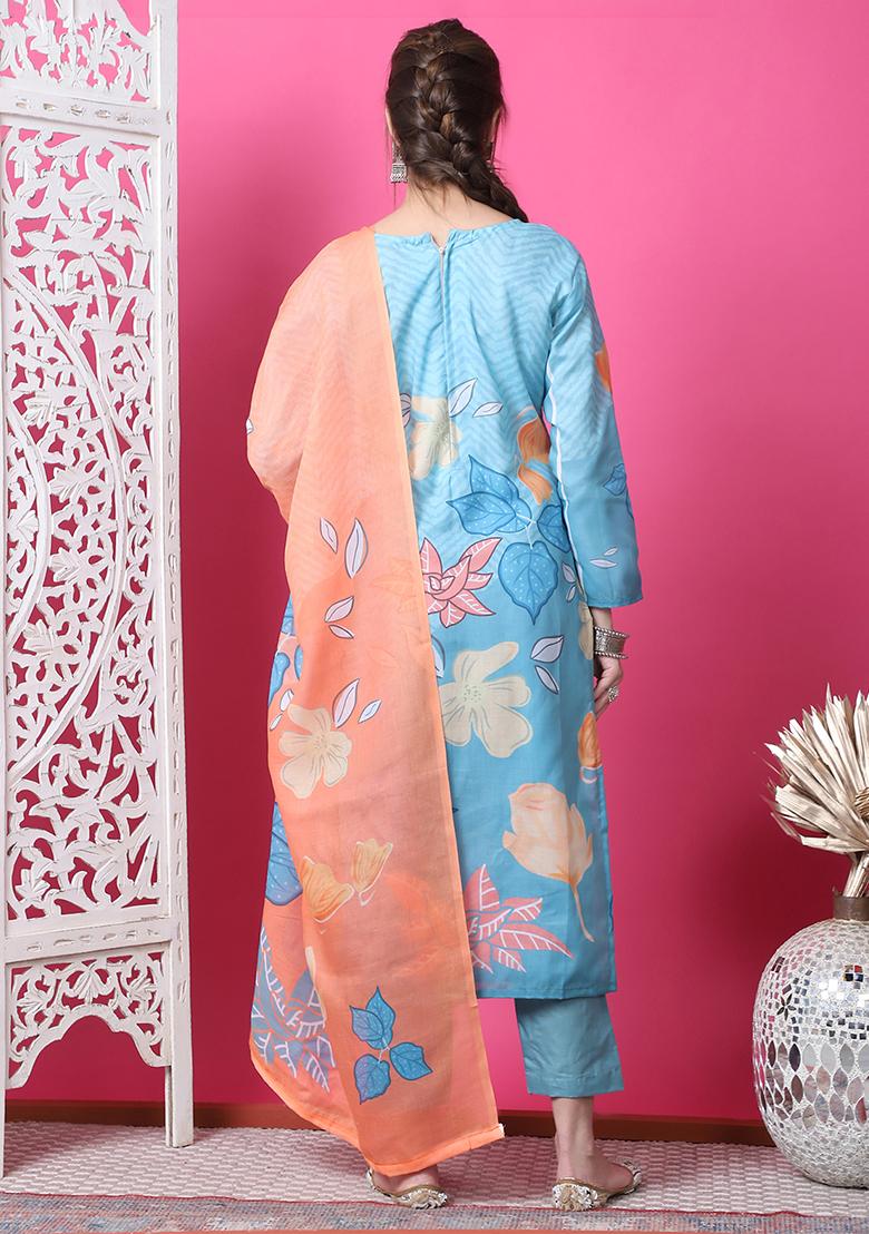 Sky Blue Digital Print Cotton Kurta Set With Dupatta