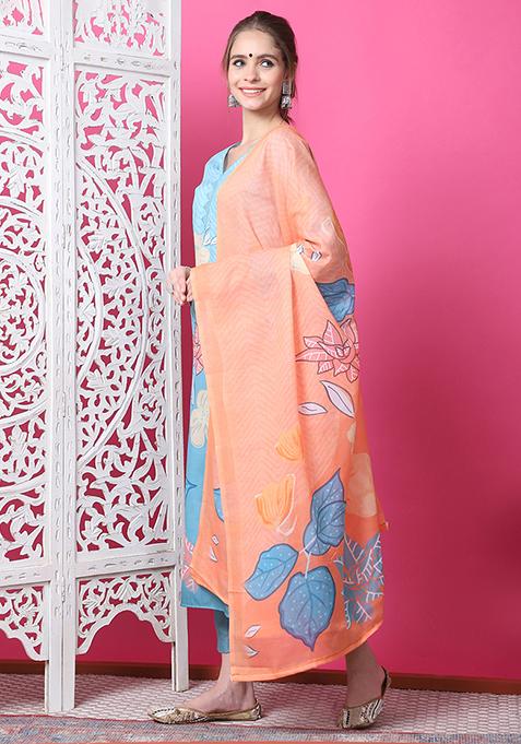 Sky Blue Digital Print Cotton Kurta Set With Dupatta