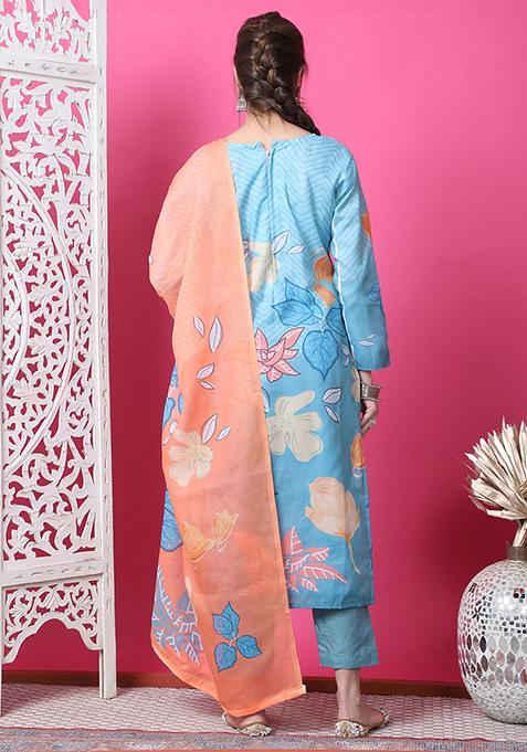 Sky Blue Digital Print Cotton Kurta Set With Dupatta