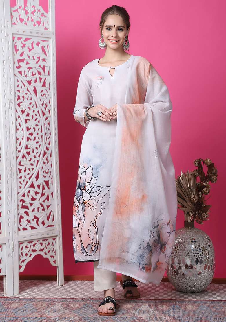 Beige Printed Cotton Straight Kurta Set - Indya