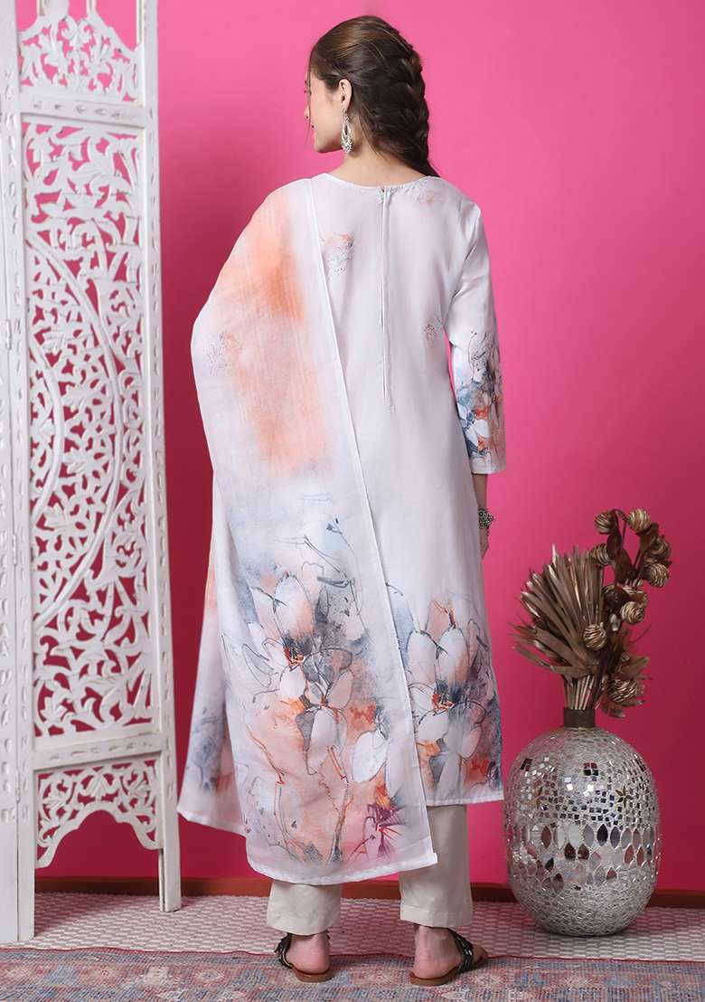 Beige Printed Cotton Straight Kurta Set - Indya