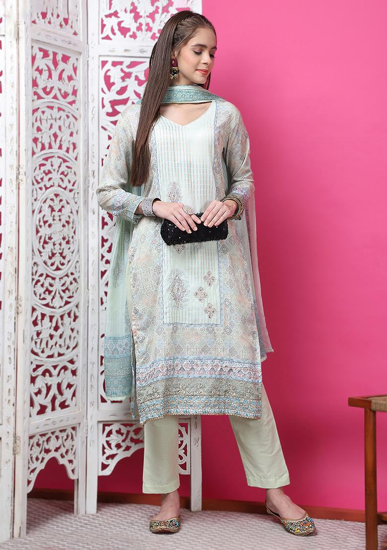 Pista Green Digital Print Cotton Kurta Set