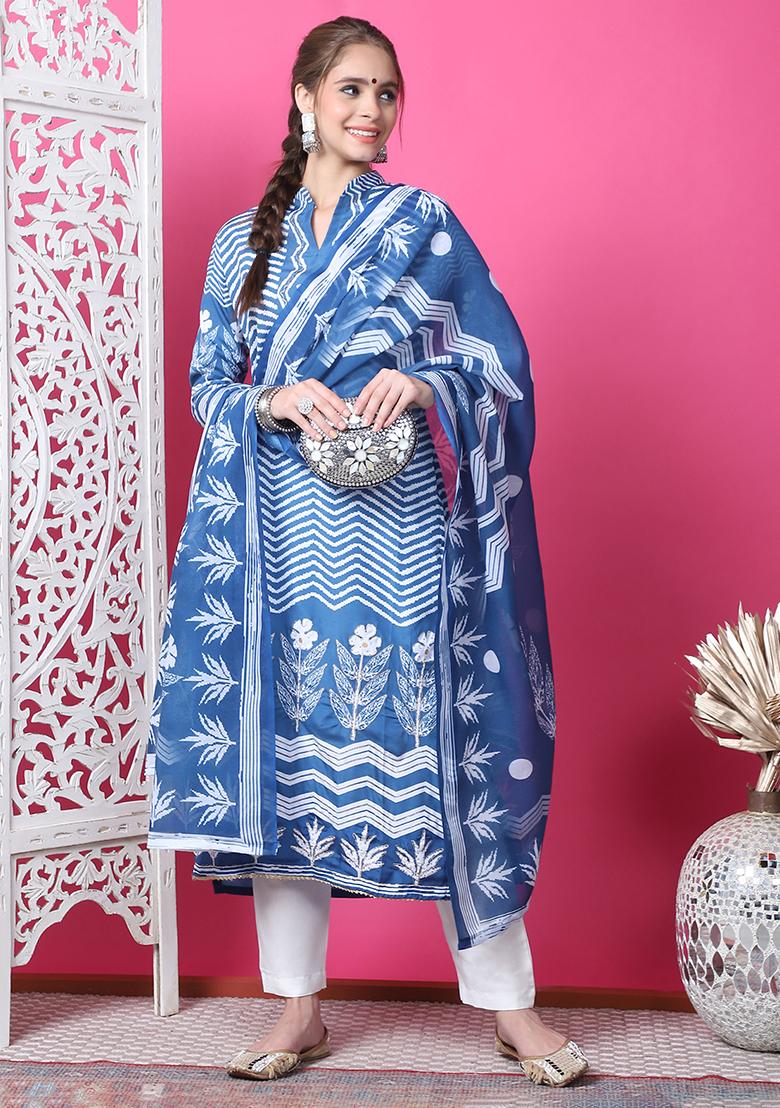 Indigo Blue Digital Print Cotton Kurta Set