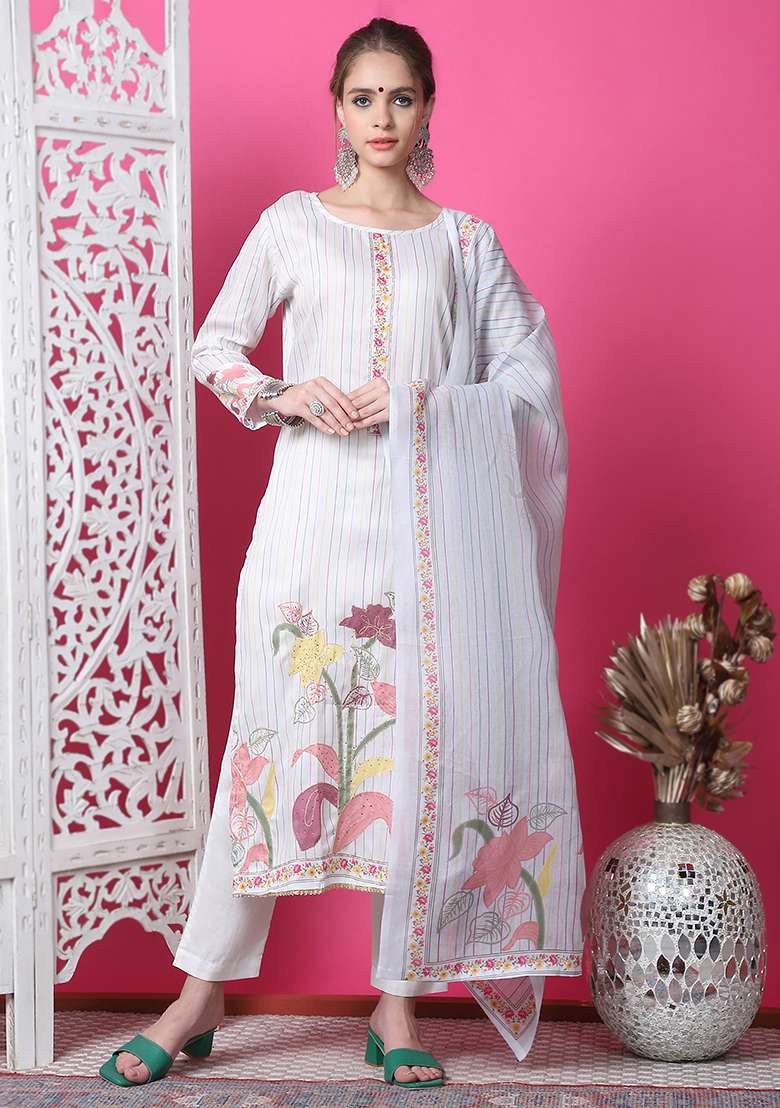 Off White Striped Cotton Straight Kurta Set - Indya