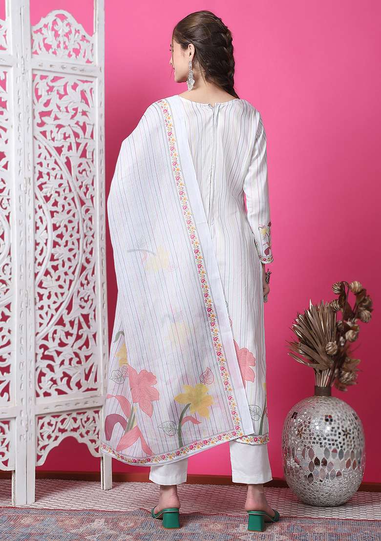 Off White Striped Cotton Straight Kurta Set - Indya