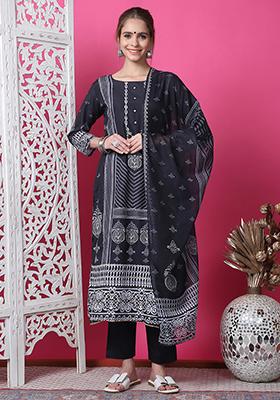 Black Digital Print Cotton Kurta Set