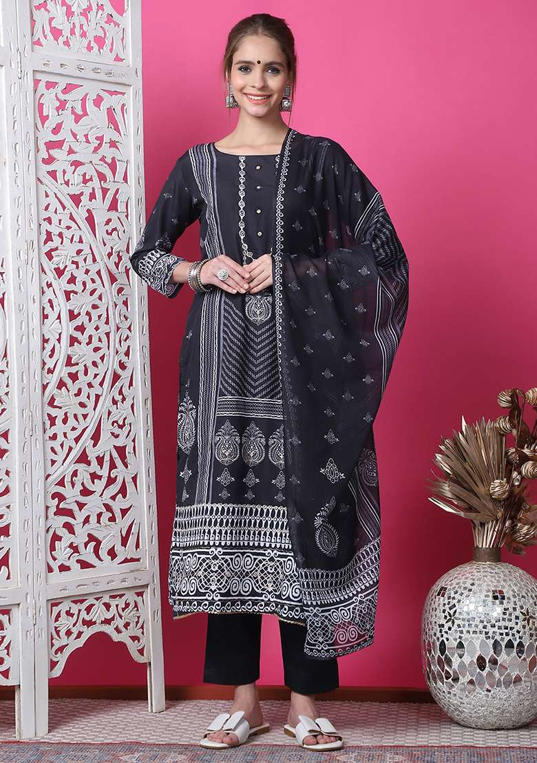 Black Printed Cotton Straight Kurta Set - Indya