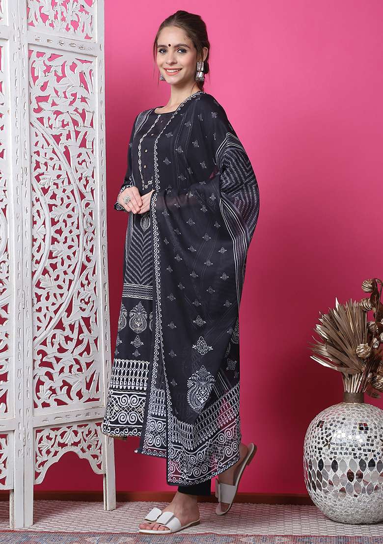 Black Printed Cotton Straight Kurta Set - Indya