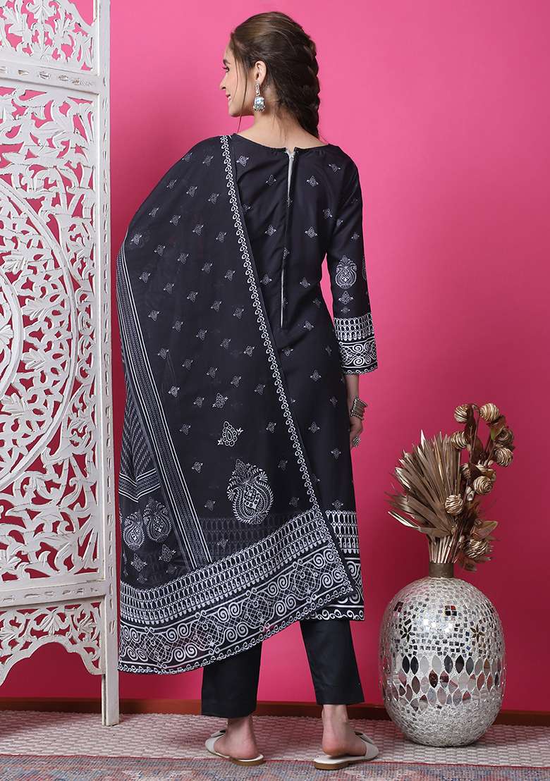 Black Printed Cotton Straight Kurta Set - Indya