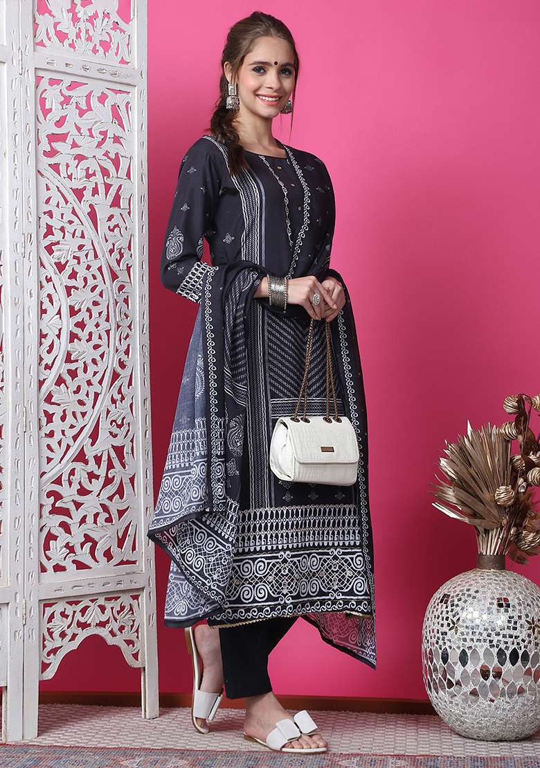 Black Printed Cotton Straight Kurta Set - Indya