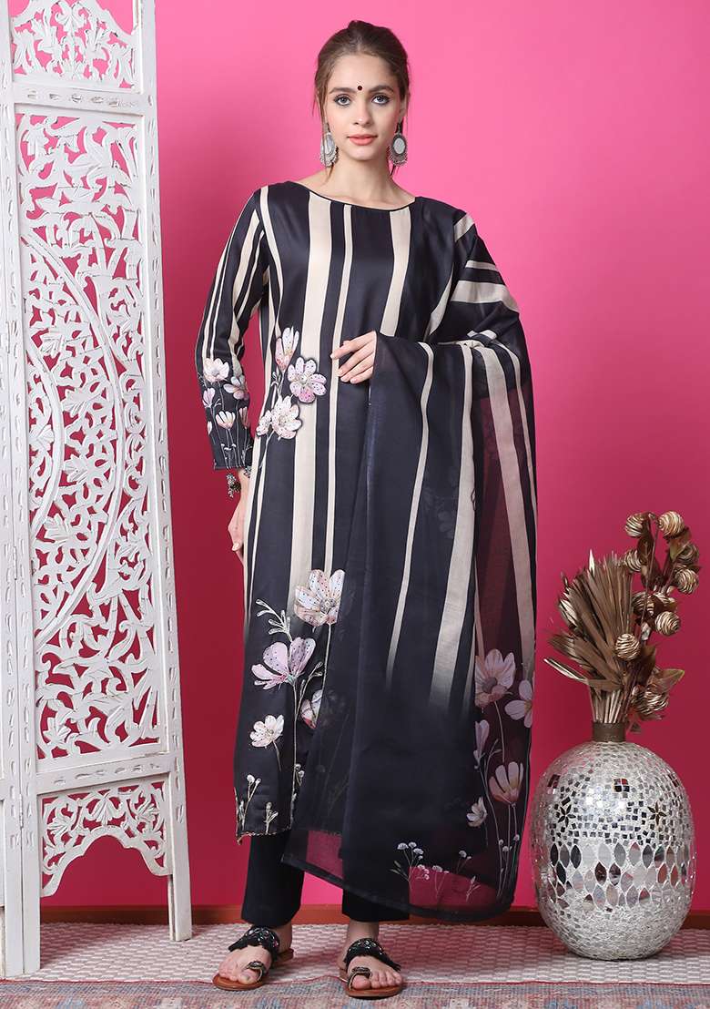 Black Digital Print Cotton Kurta Set - Indya