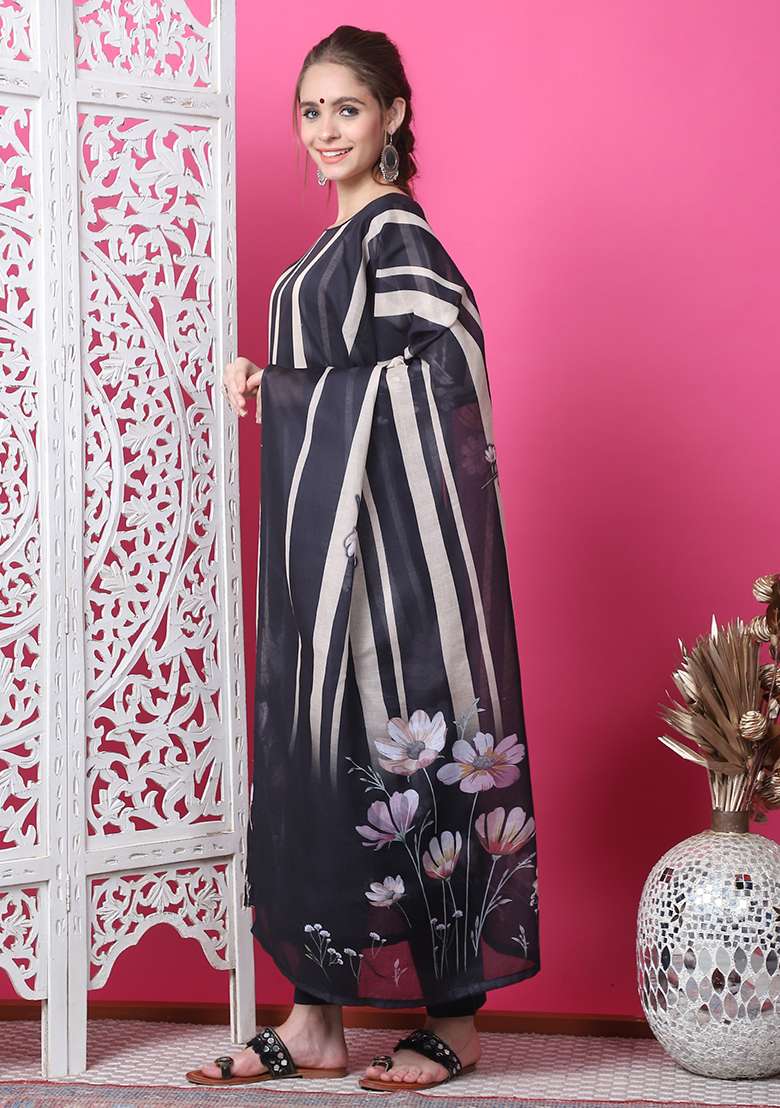 Black Digital Print Cotton Kurta Set - Indya