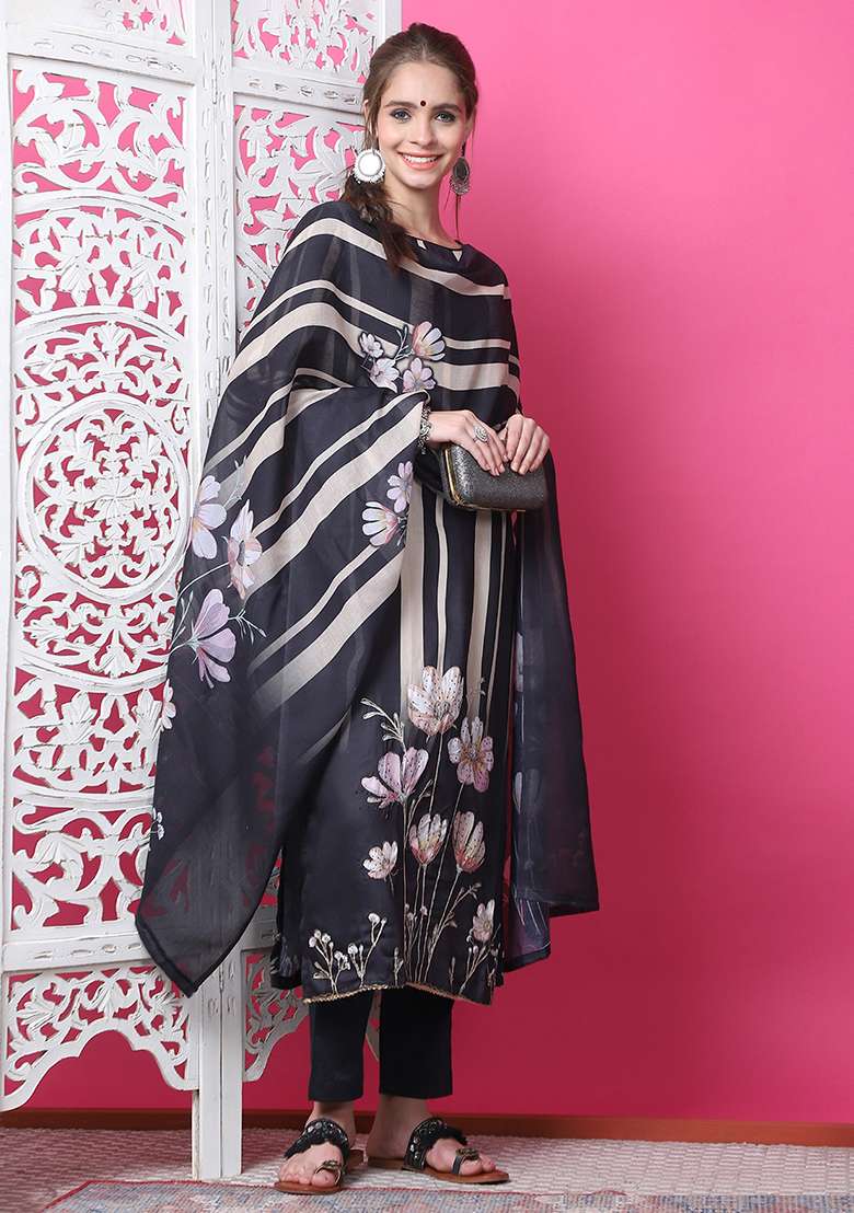 Black Digital Print Cotton Kurta Set - Indya