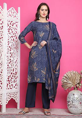 Navy Blue Digital Print Muslin Kurta Set