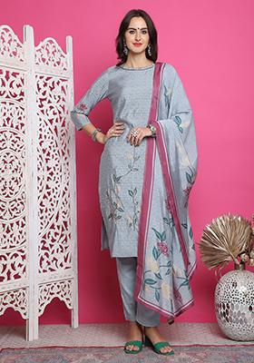 Grey Digital Print Muslin Kurta Set