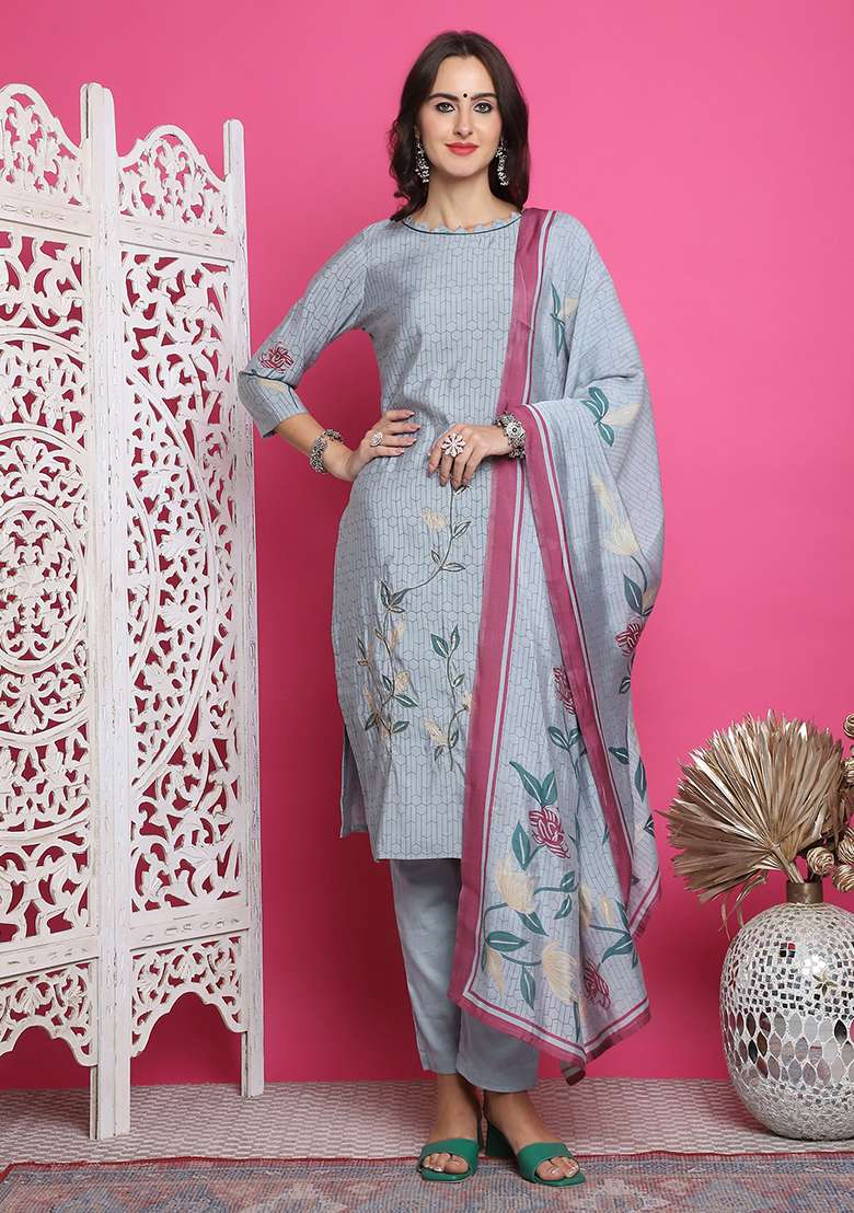 Grey Printed Muslin Straight Kurta Set - Indya