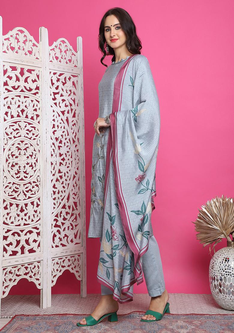 Grey Digital Print Muslin Kurta Set