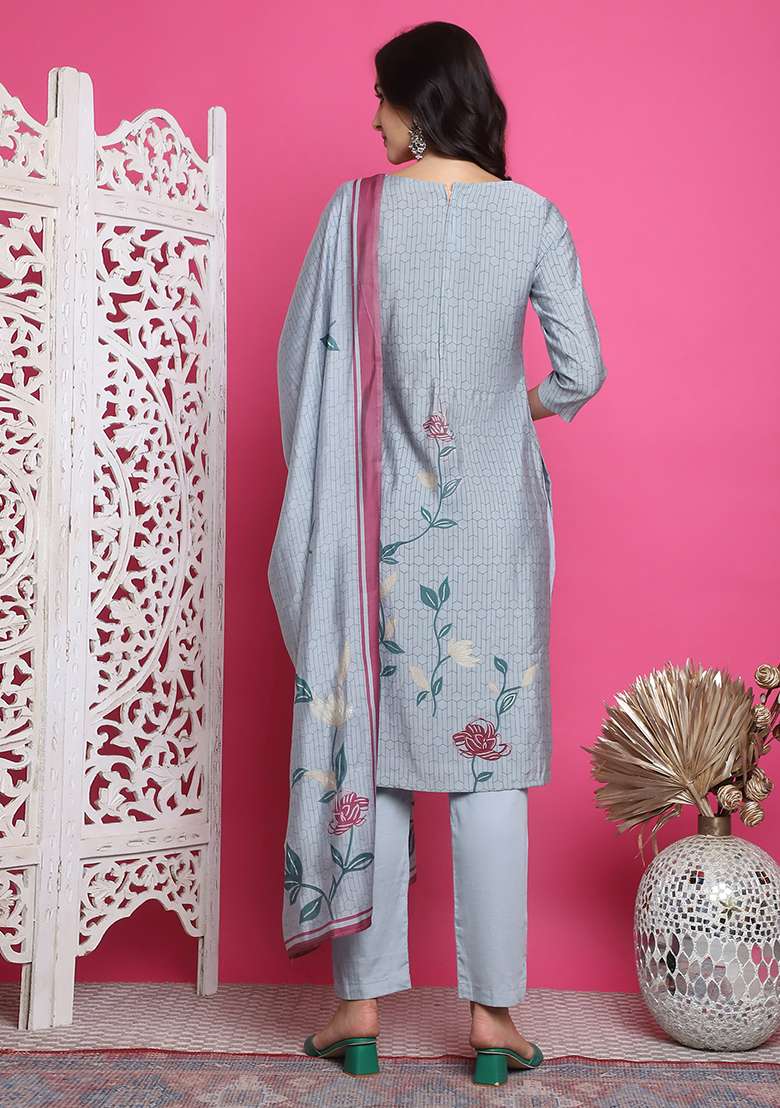 Grey Printed Muslin Straight Kurta Set - Indya
