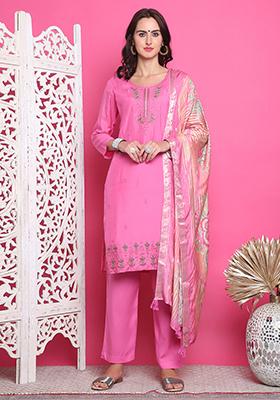 Pink Embroidered Muslin Kurta Set