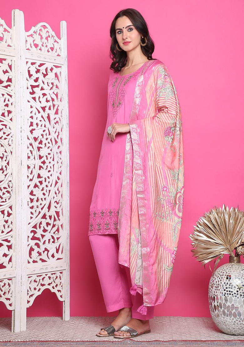 Pink Embroidered Muslin Kurta Set