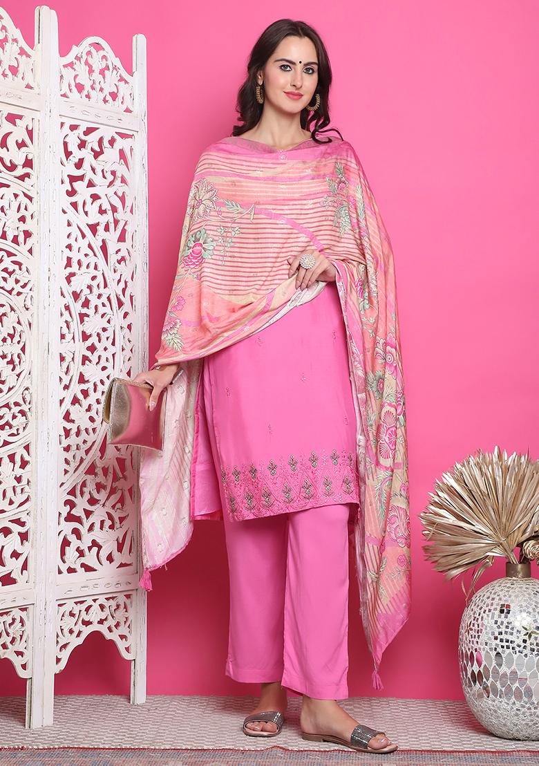 Pink Embroidered Muslin Kurta Set