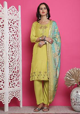 Lemon Yellow Embroidered Muslin Kurta Set