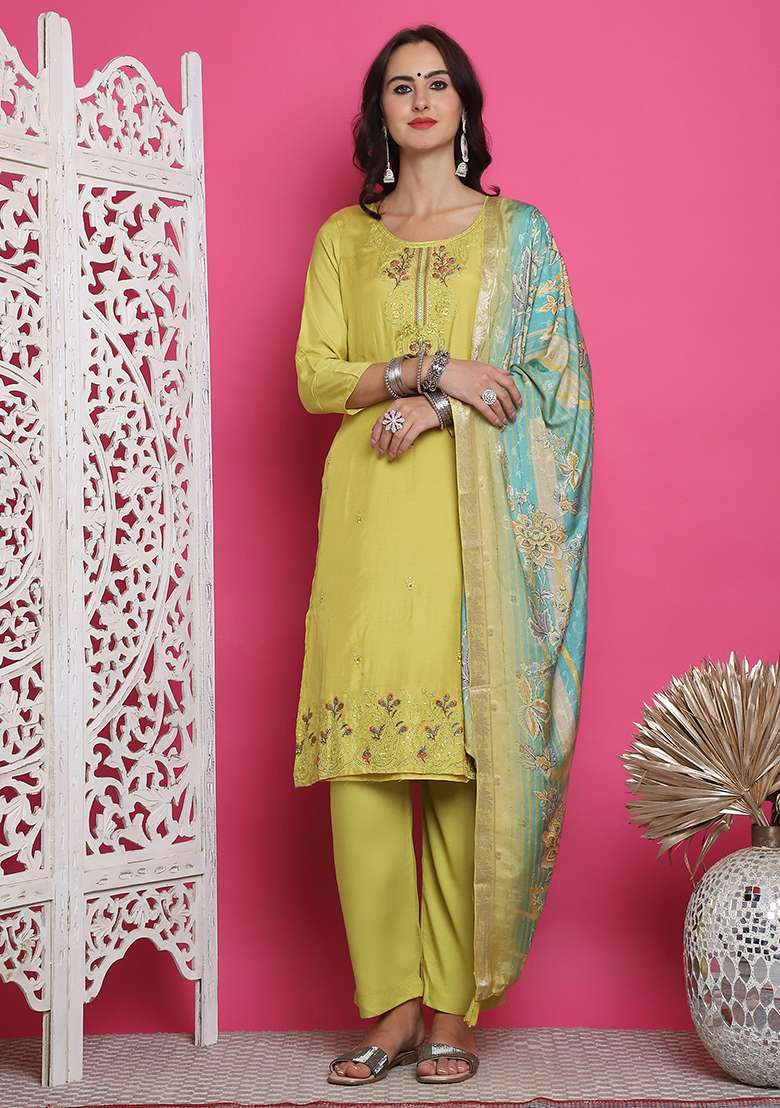 Lemon Yellow Embroidered Muslin Straight Kurta Set - Indya