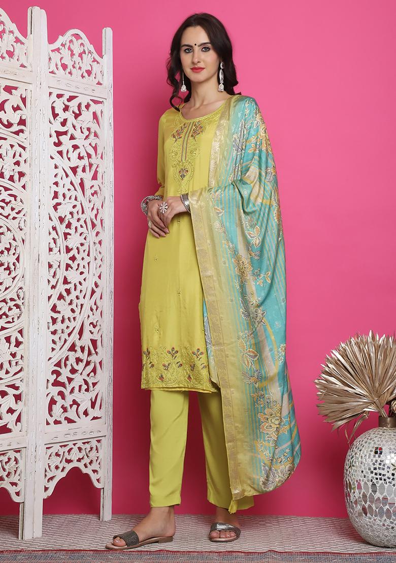 Lemon Yellow Embroidered Muslin Kurta Set