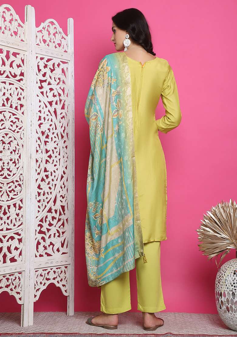 Lemon Yellow Embroidered Muslin Straight Kurta Set - Indya