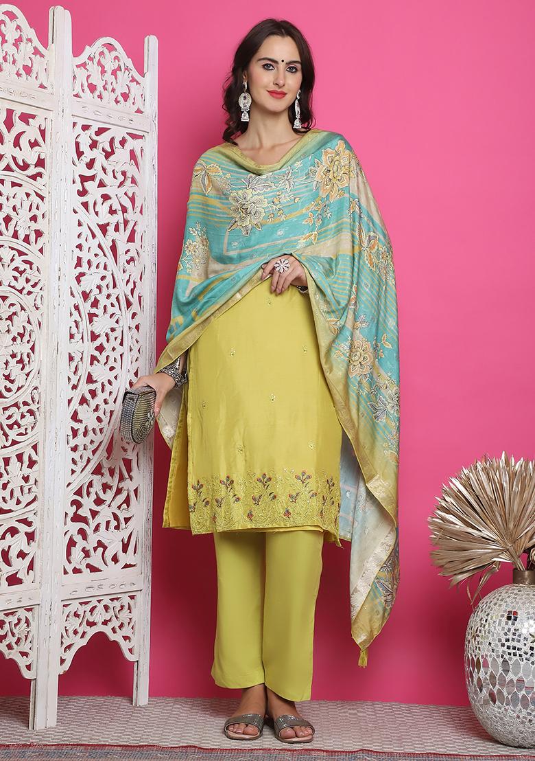 Lemon Yellow Embroidered Muslin Kurta Set