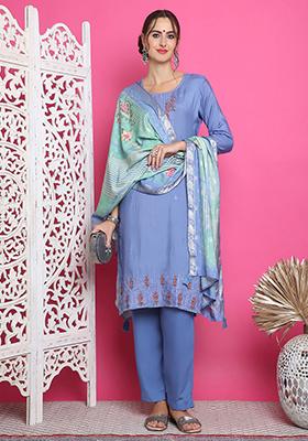 Blue Embroidered Muslin Kurta Set