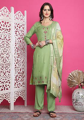 Green Embroidered Muslin Kurta Set